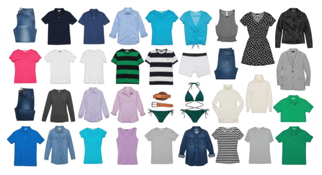 A diverse collection of casual clothing items are neatly arranged isolated on transparent background