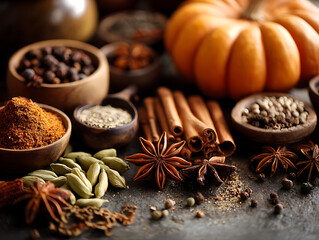 Spices for autumn baking, star anise, cinnamon sticks, and cloves