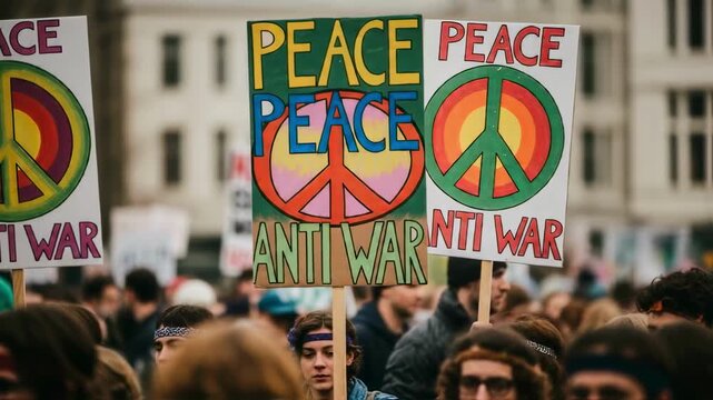 A crowd of diverse people at a demonstration holding signs with the peace symbol and anti-war slogans, representing activism, social protest and the global peace movement - Powered by Adobe
