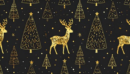 Gold reindeer and trees on a black background; a festive, repeating pattern