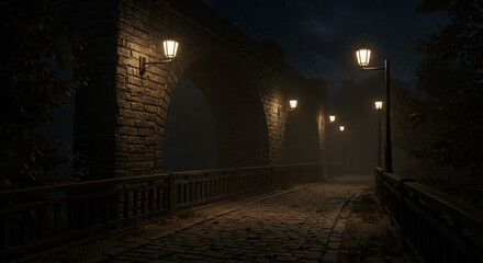 A stone bridge illuminated by vintage street lamps at night, casting a warm glow on the cobblestone path leading into the darkness.