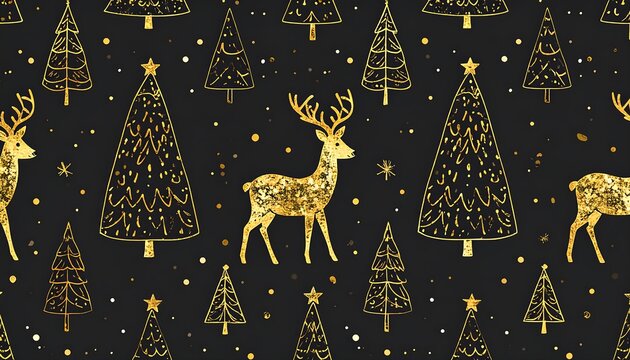 Gold reindeer and trees on a black background; a festive, repeating pattern