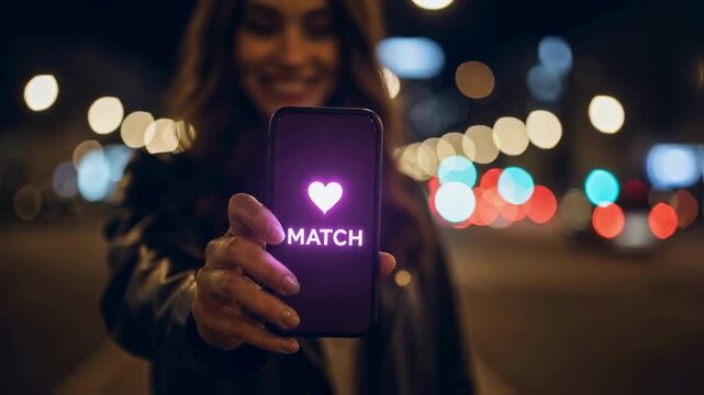 A woman holds up a smartphone displaying a dating app with a match notification against a blurry night city background, symbolizing online dating, modern romance and finding love