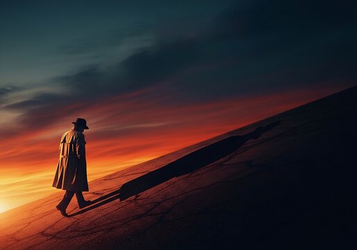 Man in Coat Walking on Hill at Sunset - Powered by Adobe