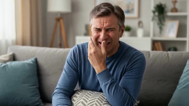 A middle-aged man feeling intense tooth pain at home, grimacing and holding his cheek, a concept of dental emergencies, sensitive teeth and oral health problems