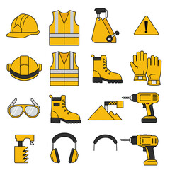 A collection of yellow safety equipment icons, including hard hats, vests, boots, gloves, glasses, and tools, representing construction and workplace safety.