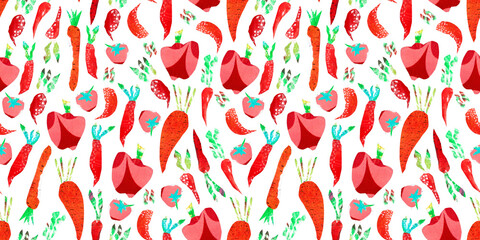 seamless pattern of vegetables paper collage on white background. Carrots, beetroot and red pepper