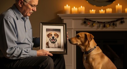 Caucasian senior man holding dog photo, brown dog looking, pet memorial, pet day, animal loyalty, cozy home setting