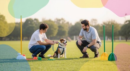 Two men training their dog outdoors on a sunny day. Pet owners and happy dog on green field for agility practice. Dog day.