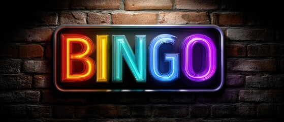 A colorful neon sign displaying the word "BINGO," illuminated against a textured brick background.