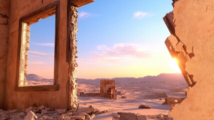 Broken buildings and shattered windows glowing in fading desert sun