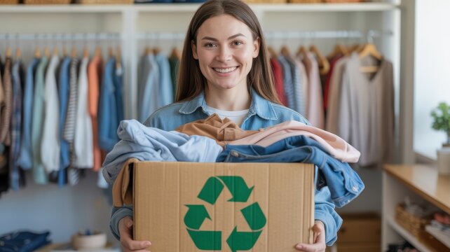 A smiling woman holds a recycling box filled with clothes, promoting sustainable fashion in a neatly organized clothing store.