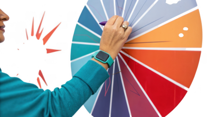 Close up of a person s hand selecting a color from a large color wheel isolated on transparent background
