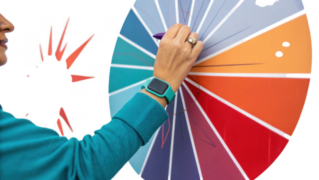 Close up of a person s hand selecting a color from a large color wheel isolated on transparent background