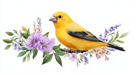 Fototapeta premium Cheerful yellow bird with spring florals and soft foliage, painted in delicate watercolor style