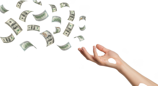 A hand reaching out to catch falling one hundred dollar bills isolated on transparent background