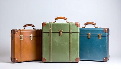 Vintage suitcases in various colors against a plain background.
