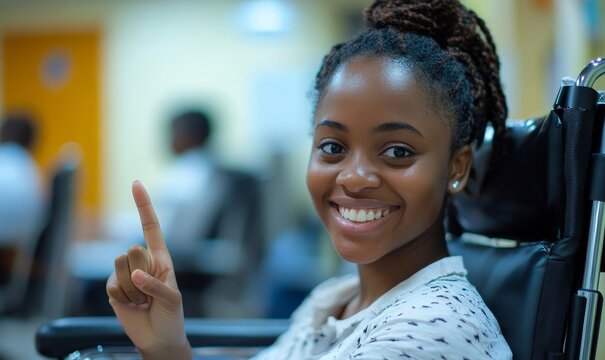 Happy young disabled African American office worker in a wheelchair, contributing to an inclusive workplace environment, Generative AI