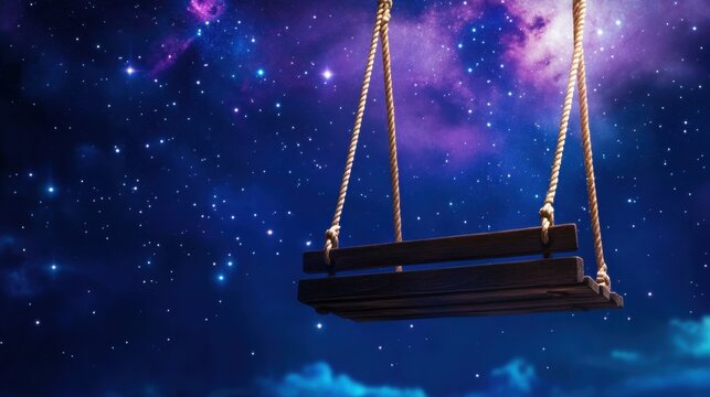 Childlike swing under the galaxy, stars twinkling above in deep midnight hues