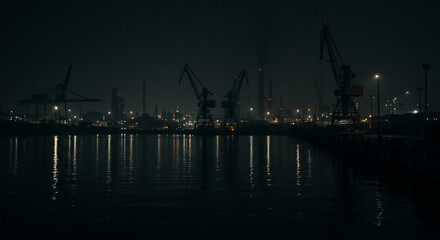 Obraz premium Dark, atmospheric view of a harbor at night, with cranes and lights reflecting in the water.