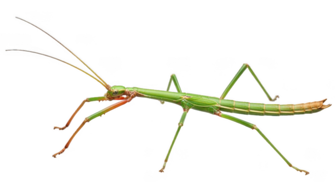 Green stick bug isolated on transparent background is walking slowly