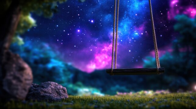 Childlike swing under the galaxy, stars twinkling above in deep midnight hues - Powered by Adobe