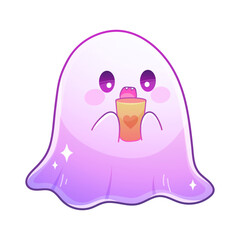 Kawaii ghost with drink. Cute little ghost on white background. Vector cartoon character for Halloween