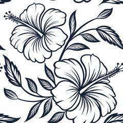 Dark blue hibiscus flowers and leaves seamless pattern on white background floral