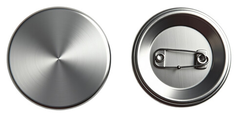 Metal pin badge mockup with safety pin back, isolated on transparent background, shiny stainless steel surface design template