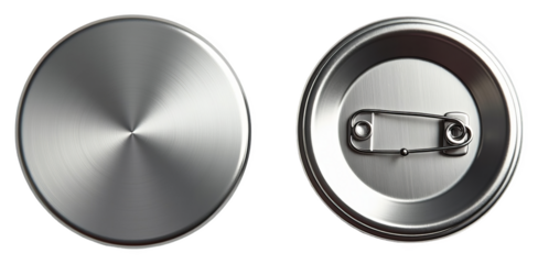 Metal pin badge mockup with safety pin back, isolated on transparent background, shiny stainless steel surface design template