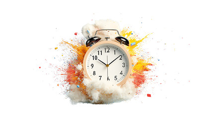An alarm clock surrounded by a vibrant explosion of colors against a black background.