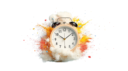 An alarm clock surrounded by a vibrant explosion of colors against a black background.