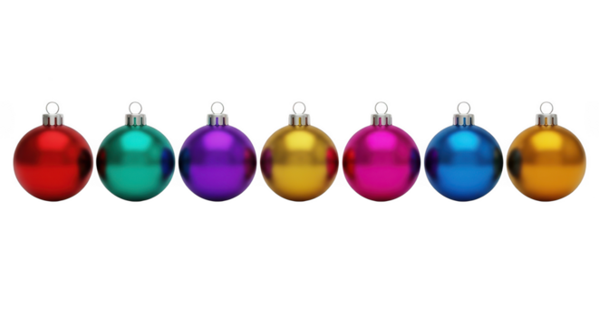 Colorful christmas ornaments in a row isolated on transparent background