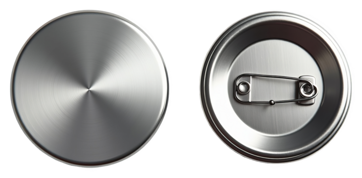 Metal pin badge mockup with safety pin back, isolated on transparent background, shiny stainless steel surface design template