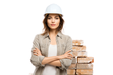 Confident woman in a hard hat stands with arms crossed in front of bricks, ready for construction.