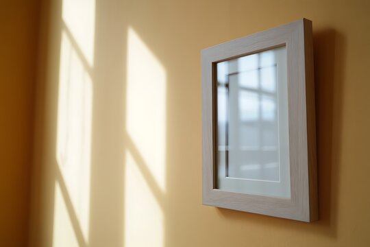 Sunlight streams through a window casting geometric shadows on a wall with a framed mirror