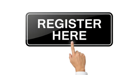 A hand points to a register here sign on a transparent background