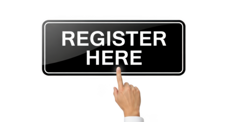 A hand points to a register here sign on a transparent background