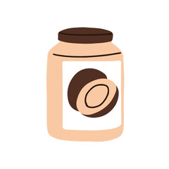 Coconut oil jar. Natural organic cosmetic cream in container package. Tropical exotic food product for cooking. Healthy vitamin butter. Flat vector illustration isolated on white background