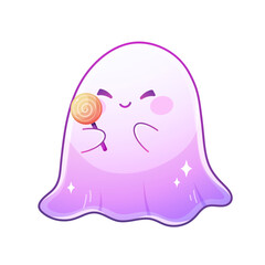 Kawaii ghost with Halloween candy. Cute little ghost on white background. Vector cartoon character.
