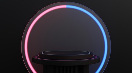 Black podium, black background with neon lights for showcasing premium luxury and modern technology products. 3D illustration.
