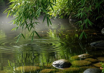 Tranquil pond with lush green bamboo reflections and ripples