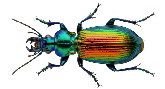 An iridescent beetle displays metallic colors isolated on transparent background