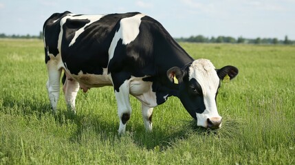 A Grass Eating Cow in a Green Landscape