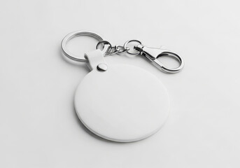 Blank white round keychain tag with silver metal clasp and ring