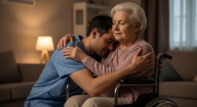 An Embrace of Compassion: A Male Nurse Offers a Gentle, Comforting Hug to a Senior Woman. - Powered by Adobe