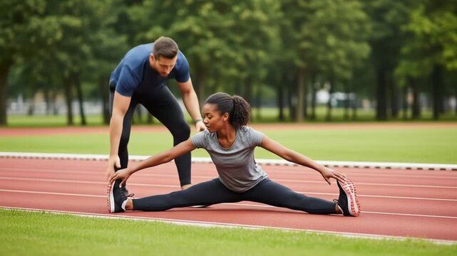 Young athletic woman stretching in split position on outdoor track with male trainer assisting in bright daylight