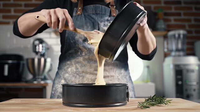 A Baker in Denim Apron Pours Cake Batter Into Black Springform Pan Using Wooden Spatula in a Bright Kitchen with Stainless Steel Appliances Perfect for Demonstrating Baking Techniques and Promoting
