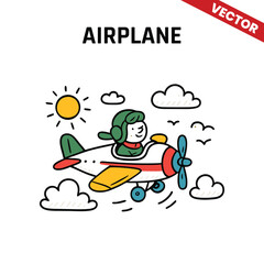 Cartoon airplane with a smiling pilot in a green flight suit flying in the blue sky with clouds and a sunny background