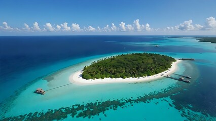 Stunning aerial view of a tropical island paradise with pristine beaches, turquoise waters, and lush greenery, perfect for travel and tourism.